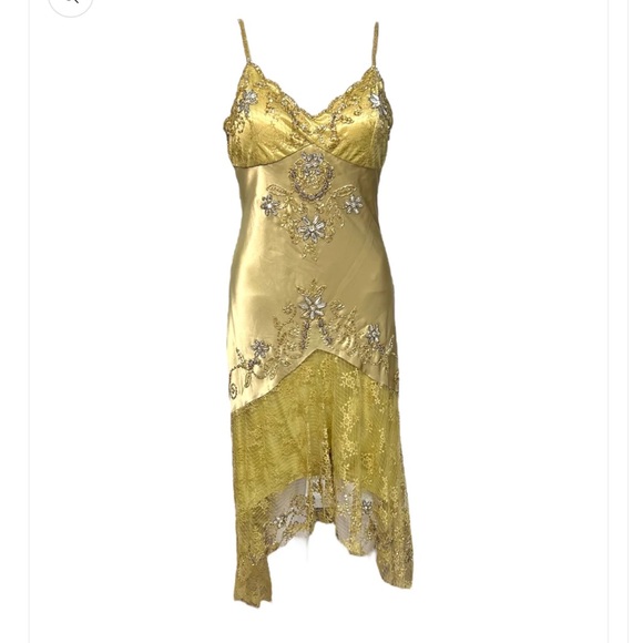 Dresses & Skirts - Stunning gold beaded vintage Silk evening gown .. wedding, cocktail dress